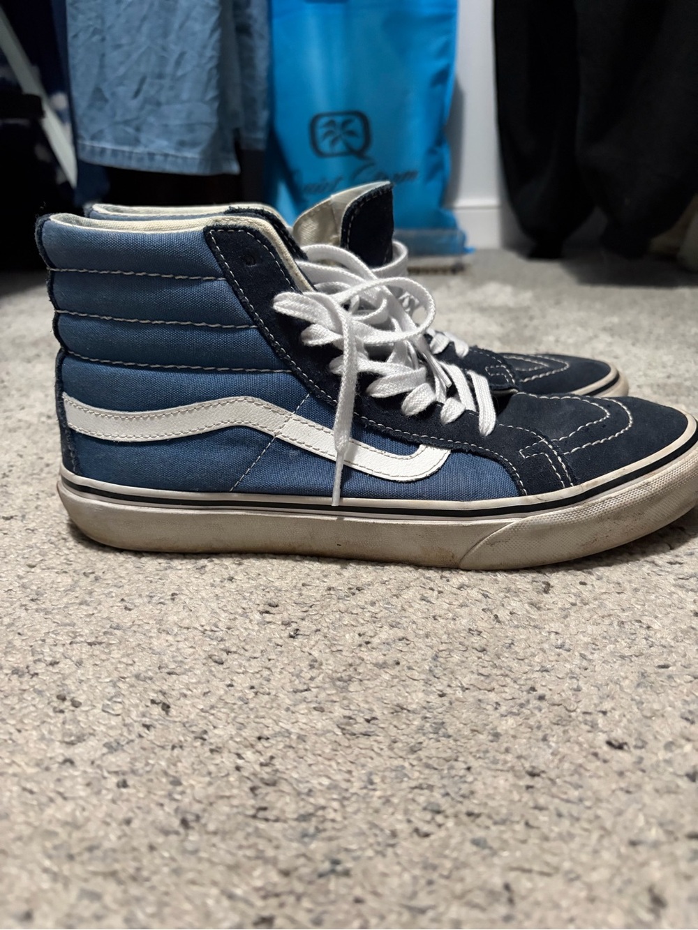 Vans High-Top Sneakers in Light Blue and Navy with White Stripe